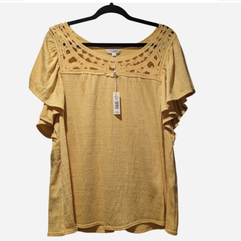 Max Studio Yellow Crochet-Trim Short Sleeve Blouse